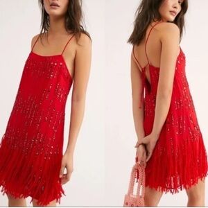 🥳HP New Free People Crystal Clear XS Red Sequined Retro-Inspired Flapper Mini